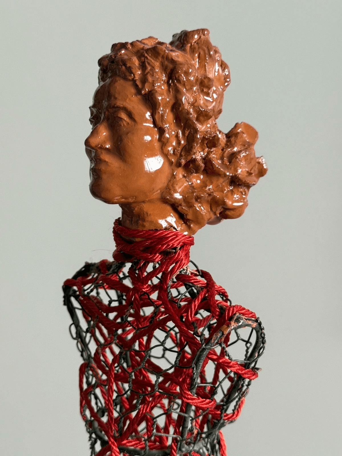 Mixed media: wire mesh, red wool, clay, and wood